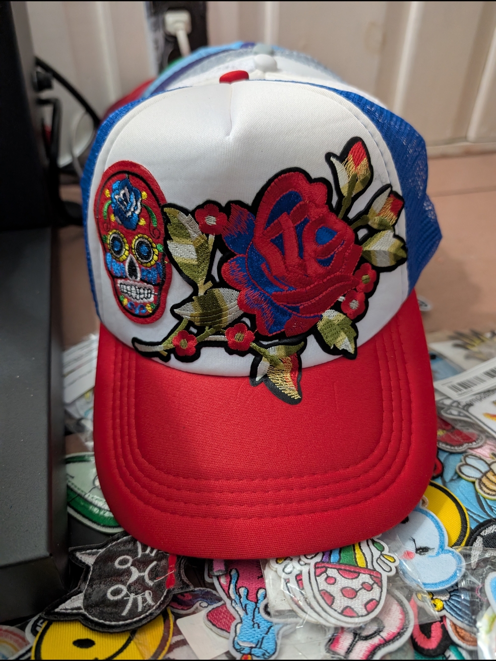 Red, White & Blue Floral Sugar Skull Trucker Hat